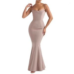 NWT House of CB Violette Satin Mermaid Gown in Mushroom - Sz S